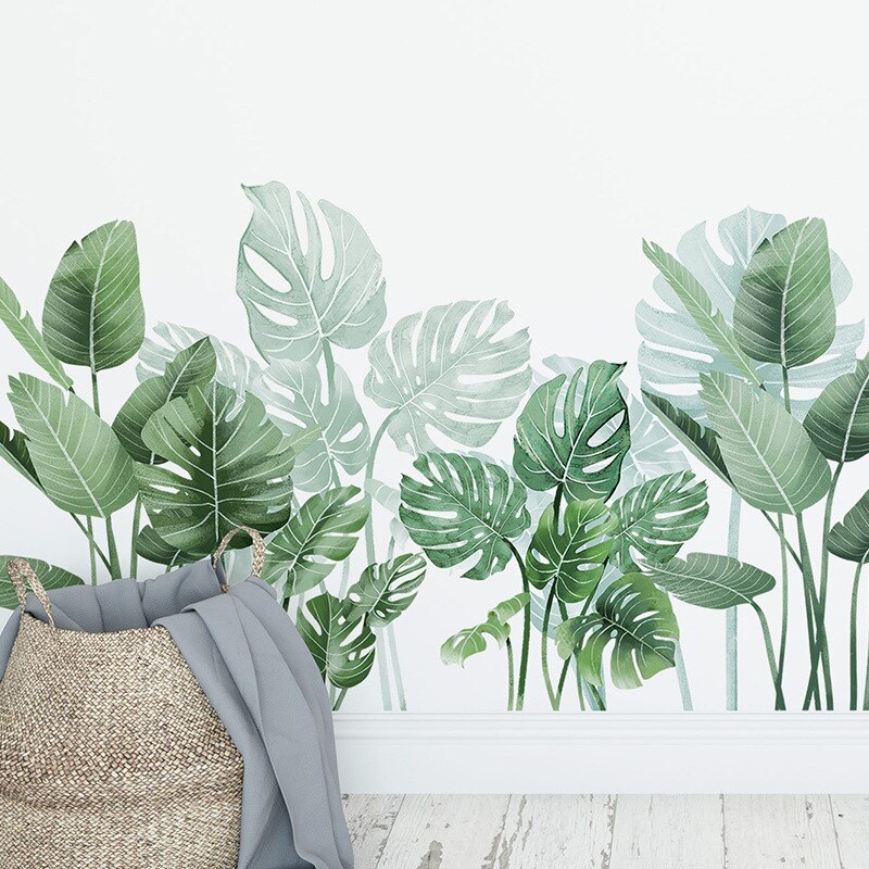 Green Plant Wall Sticker DIY Pink Peony Flowers Tropical Beach Palm Leaves Wall Stickers Modern Art Vinyl Decal Mural Wall