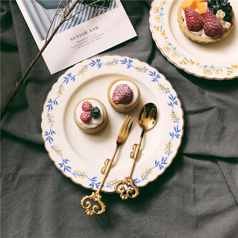 1 st servis målning guldinlägg vintage färgglad blommig 8 tums keramisk tallrik middag porslinstårta snack dessert tallrik