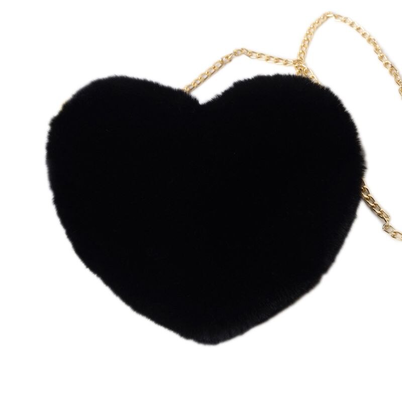 Women's Heart Shaped Faux Fur Crossbody Wallet Purse Chain Shoulder Bag Lady Handbag: Black