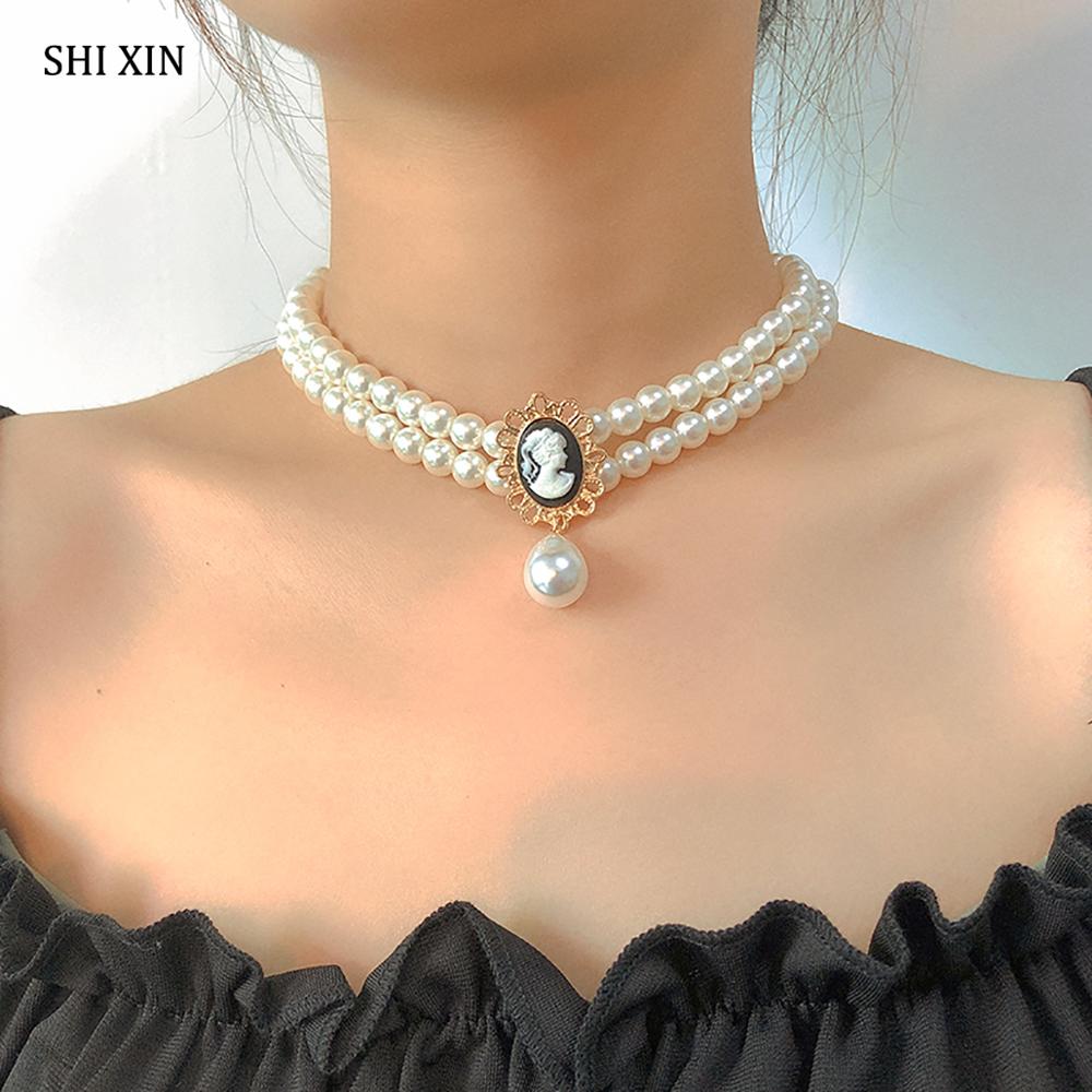 Shixin lagdelte korte perle choker halskæde til kvinder hvide perler halskæde bryllup smykker på hals dame perle choker krave