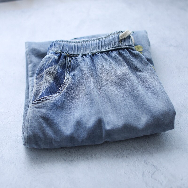 Chinese Style Women&#39;S Jeans Vintage Denim Chinese Trousers Womens Embroider Jeans Kung Fu Pants Ethnic Wide Leg Pants 10370