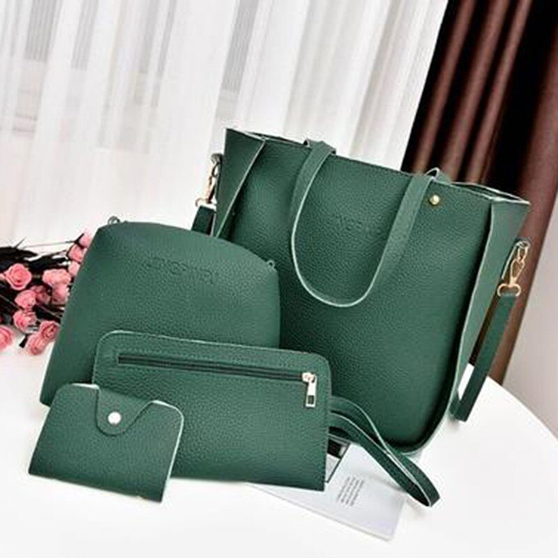 Conjunto de Tarjetero con asa superior para mujer, bolso de hombro con borla de gran capacidad, Cartera de cuero PU, cruzado, 4 Uds.: Green
