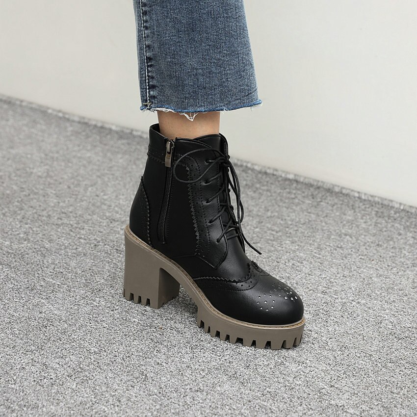 QUTAA Plattform runden Zehe lässig Knöchel Stiefel Platz hoch Hacke kurz Stiefel Spitze hoch Reißverschluss alle Spiel Frauen Schuhe Größe 34-43