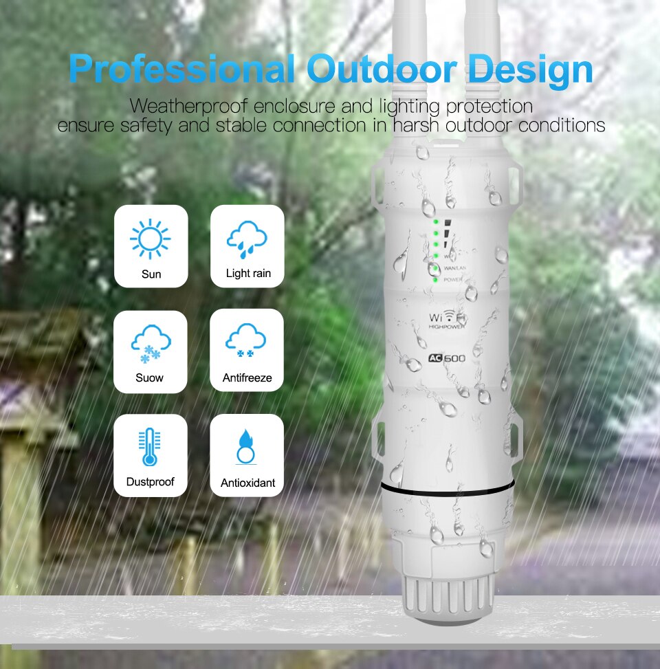 AC600 Dual Band 2.4G/5G Wireless AP High Power Wifi Repeater Outdoor Waterproof Wireless Router Wifi Extender with Outer Antenna