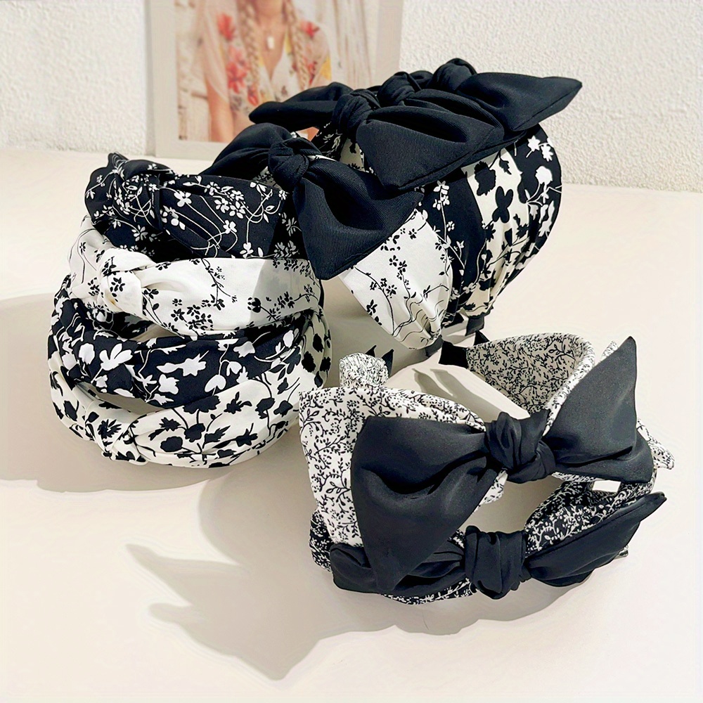 Diademas elegantes florales en blanco y negro para mujeres y niñas, aros para el cabello suaves con borde ancho, diadema cruzada con lazo grande, herramienta de Peinado,