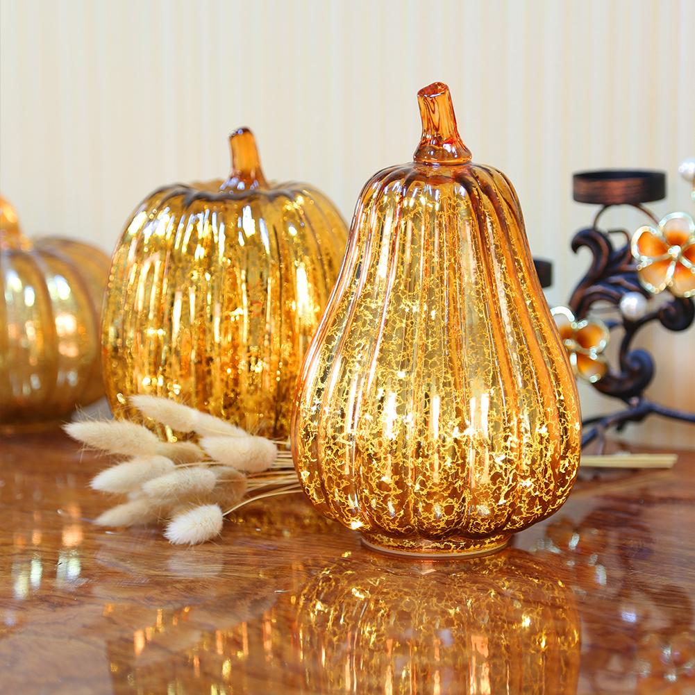 3 Citrouilles En Verre Avec LED – Déco Automne/Thanksgiving – Minuterie