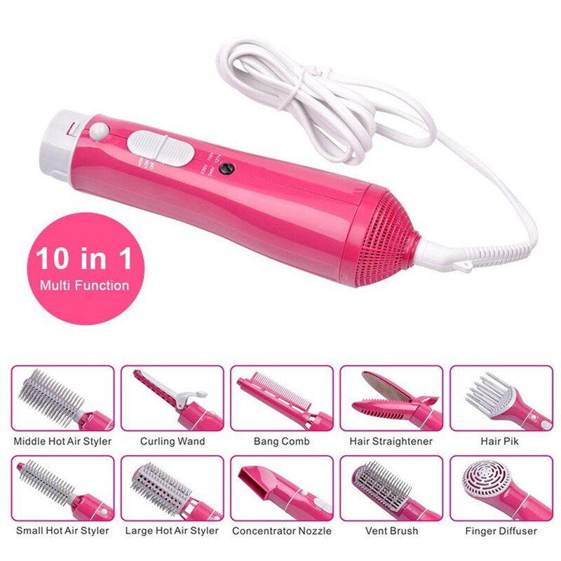 Comb Hair Brush 10 In 1 Electric Hair Curlers Multifunctional Dryer Brush With Rotating Styler Curler Pink Eu Plug