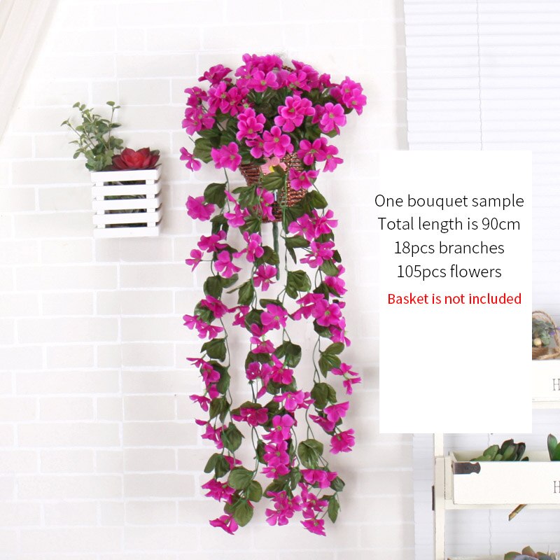Violett konstgjord orkidé blommor murgröna blad krans vinranka vägghängande korg blomma rotting bröllop hem balkong dekoration: Aubergine