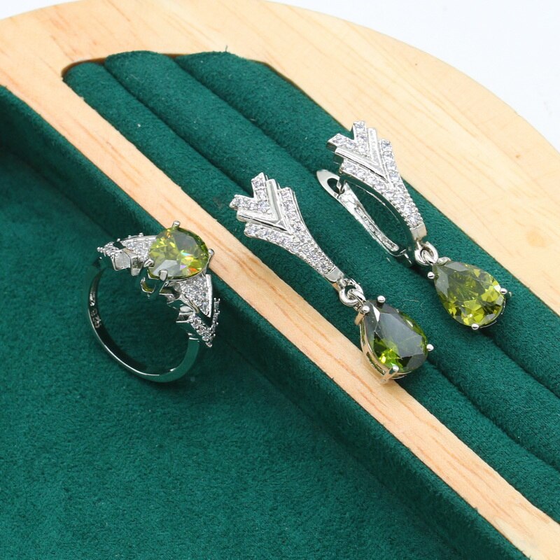 Peridoto verde 925-conjunto de joyas de plata para mujer, pulsera de boda, pendientes de aro, anillo, collar, colgante, de Navidad