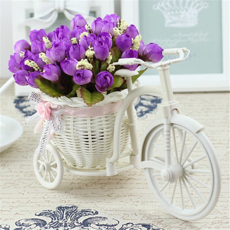Rotting cykel vas med siden blommor färgglada mini ros blomma bukett tusensköna konstgjorda blommor för hem bröllop dekoration: A09