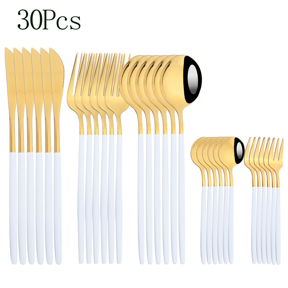 24pcs Cutlery Set Blue Silver Dinnerware Set Stainless Steel Silverware Knife Fork Spoon Tableware Flatware Set Dishwasher Safe: White gold