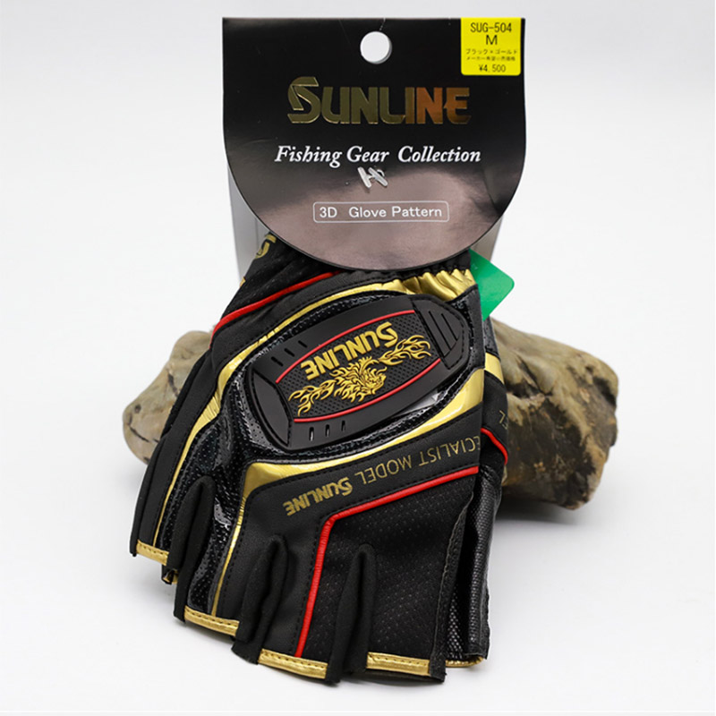 Sunline herr läder halkfria 3/5 halvfinger fiskehandskar sport vandring cykling fiske slitstarka handskar: S / Röd