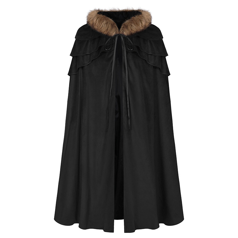Gothic women's cape, halloween costume, men's medieval costume, winter fur collar, larp viking cosplay cape coat