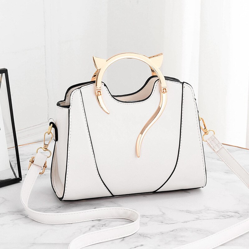 Kat Vormige Draagtas Ring Vrouwen Tas Hoge Capaciteit Handtassen Zomer Trend Tassen Voor Vrouwen Pu Schoudertas Rits Crossbody bag: WHITE