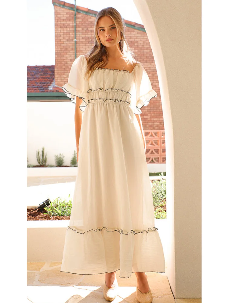 Kjole med åben skulder og svajer til kvinder, patchwork-design, midi-afslappet kjole, beige, feriekjoler