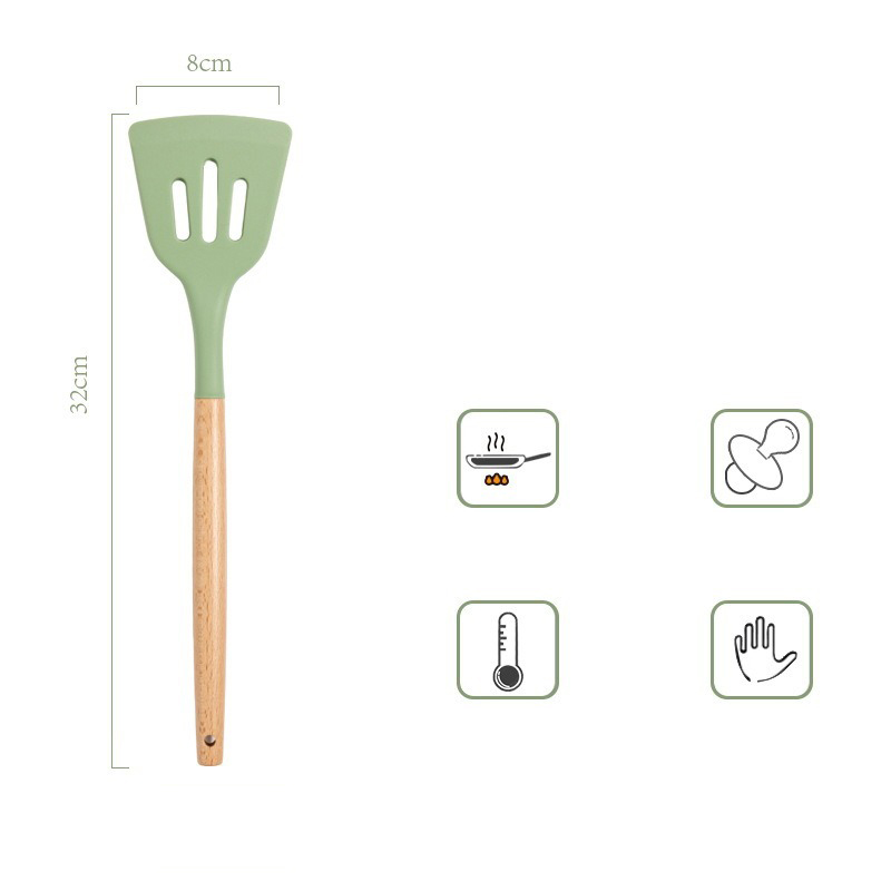 Avocado Green Silicone Utensils Cooking Kitchenware Tool Set With Wooden Handle Non-Stick Spatula Ladle Egg Beaters Shovel: K
