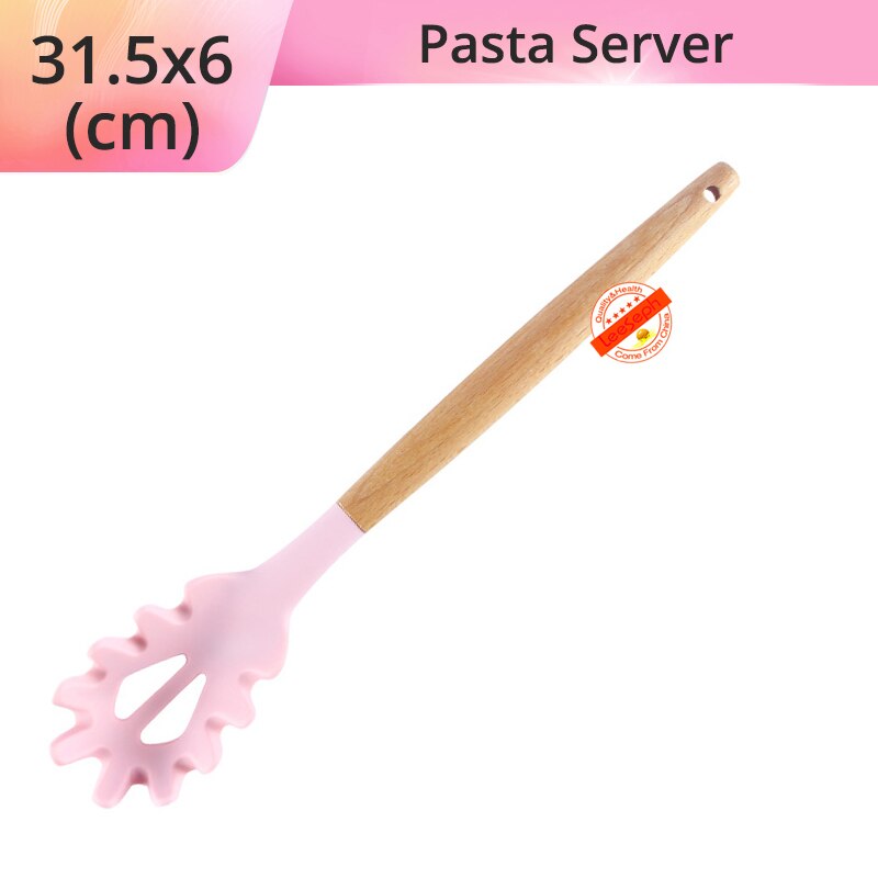Silicone Cooking Utensils Kitchen Utensils, Acacia Wooden Cooking Tool for Nonstick Cookware - Best Kitchen Gadgets: Pink-Pasta Server