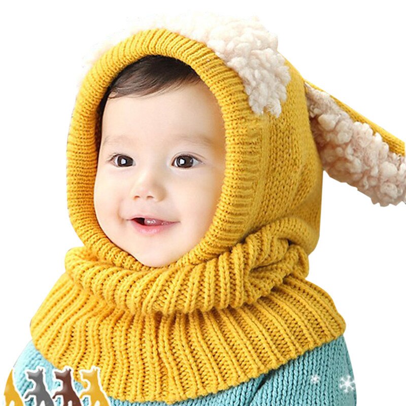 Chapeau d&#39;hiver avec écharpe pour bébé, bonnet à capuche, couvre-chef tricoté, mignon, pour enfants: YELLOW