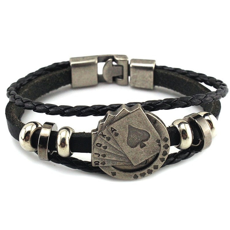 Three-layer Woven Playing Card Leather Bracelet Lucky Vintage Men's Leather Bracelet Raja Vegas Charm Multilayer Braided Women