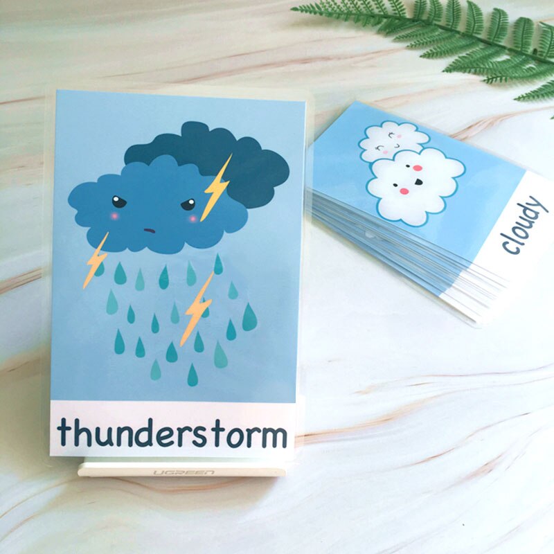Kids Weather Flash Cards Learning Toys English Cards Weather Cognitive Learning Educational Toys Waterproof Cards Teaching Aids