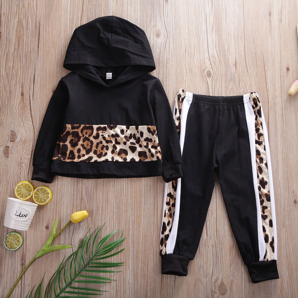 Set Flickor Kläder 2-7 År Vinter Huvtröja Långärmad + Byxor Träningsdräkt Leopard Flickkläder