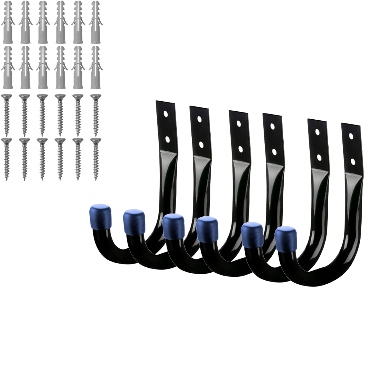 Pack of 6 Heavy-Duty Garage Hooks for Hanging, Large Garage Storage Hooks for Extension Cord Tool Cable, Black Wall-Mounted J Practical Hooks with Wall Anchors and Screws: Blue