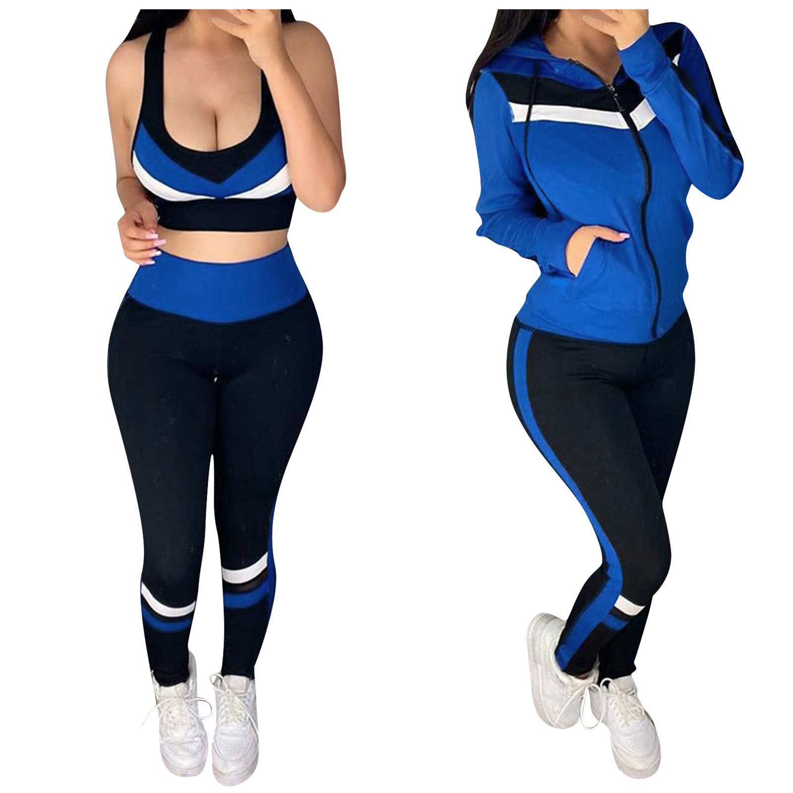 2020 nuovo Sport Set WomenSpliced Con Cappuccio Della Maglia Per Il Tempo Libero Vestito di Sport 3-pieceSuits Vestiti Delle Donne спортивные костюмы женс: Blue / S