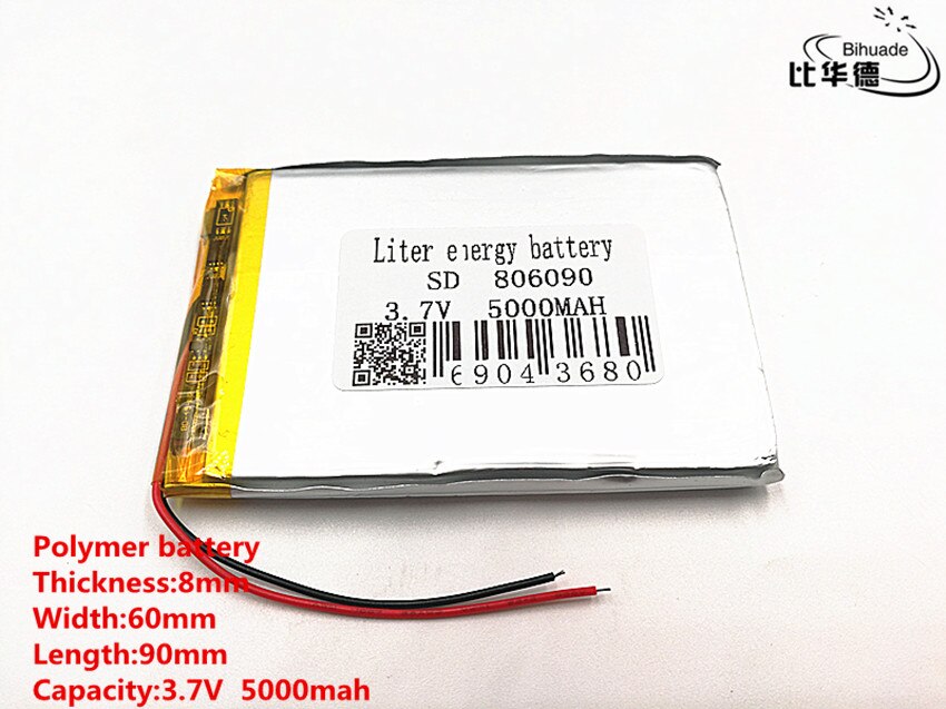 1 stks/partij Goede Qulity 3.7 V, 5000 mAH, 806090 lithium Polymeer ion/Li-Ion batterij voor SPEELGOED, POWER BANK, GPS, mp3, mp4