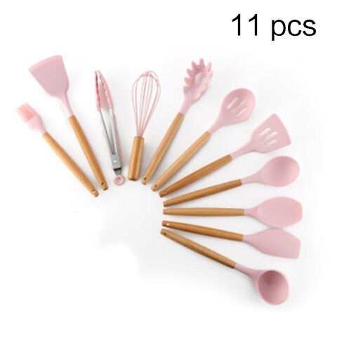 11pcs non-stick spatula kitchen utensils cooking set Multi-color storage barrels wooden handle silicone kitchen utensils: 11pcs