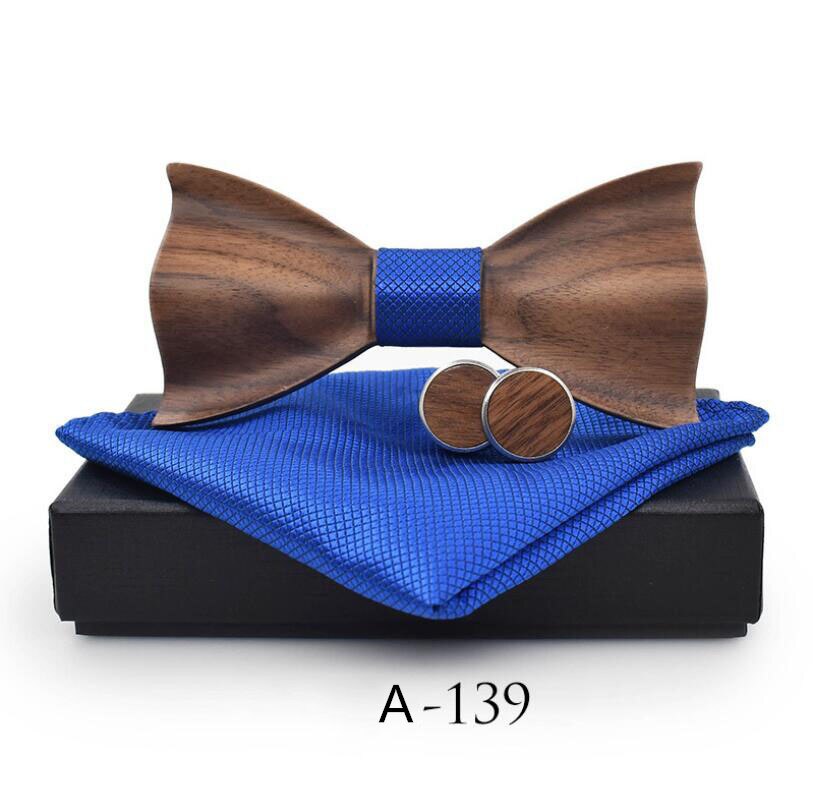 RBOCOTT pajarita de madera hecha a mano juego de gemelos y pañuelo pajarita 3D para hombres bolsillo de madera cuadrado con caja de para la boda de los hombres: A139