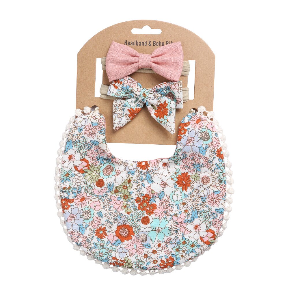 Baby Slabbetjes + Baby Hoofdbanden Set Katoen Bloemenprint Kant Burp Doeken Voor Baby Baby Spullen Pasgeborenen Baby Accessoires: DP021-7
