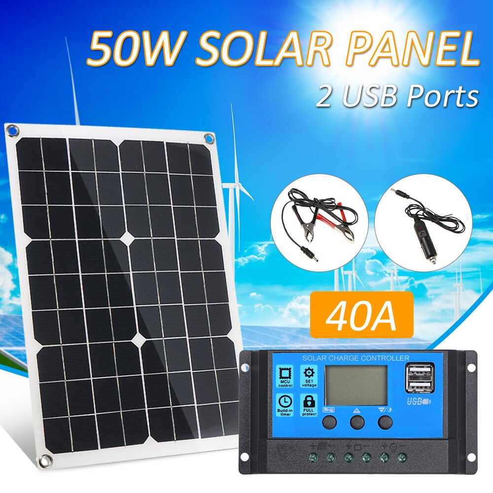50W DC 5V/18V Dual Output Solar Panel with 2 USB Ports & Car Charge IP65 Water Resistance 12V/24V Solar Charge Controller PWM: 40A