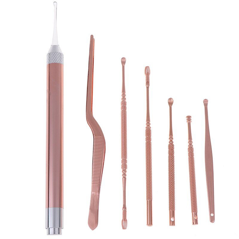 7 Stks/set Led Oor Wax Pickers Rvs Earpick Wax Remover Oor Pick Schoner Oor Schoner Lepel Zorg Oor Schoon tool: Default Title