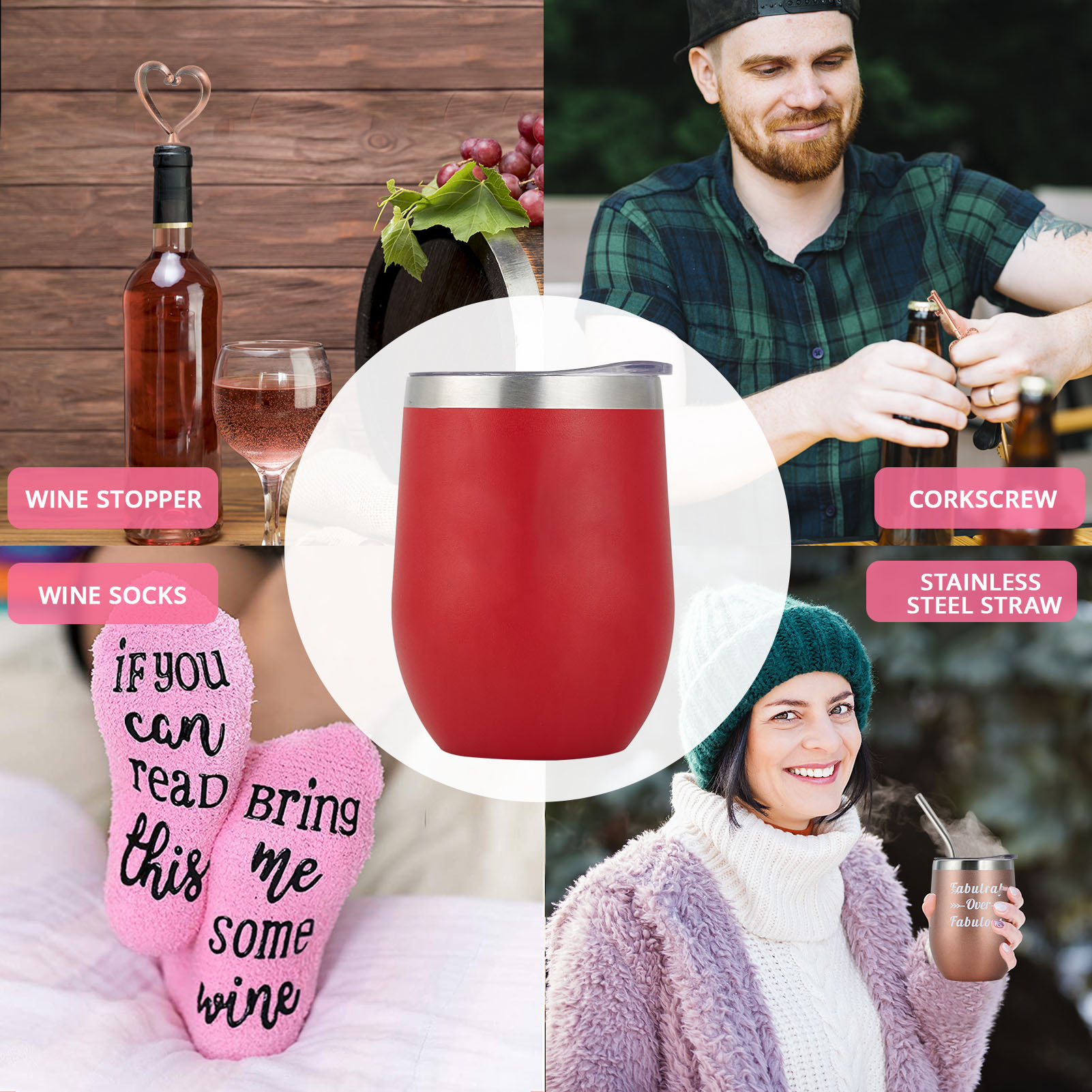 Roestvrijstalen Wijnbekers, 12Oz Geïsoleerde Wijnbeker, Roestvrijstalen Steelloze Wijnbekers Met Deksels Voor Koffie, Wijn