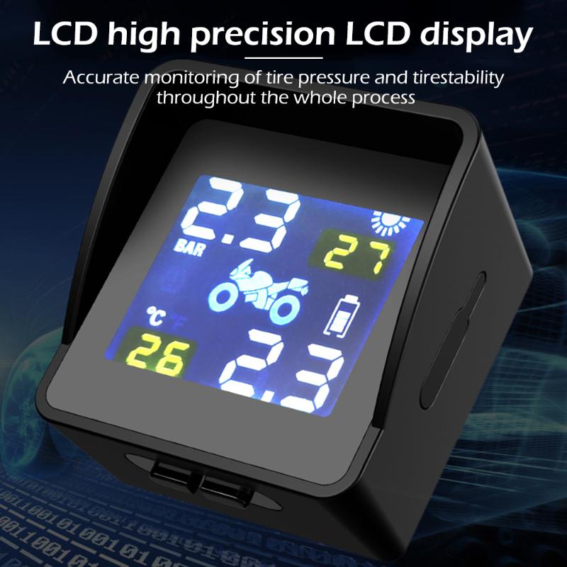 Motorcycle TPMS, Tire Pressure Monitoring System with 2 External Sensors, Motor Car Tyre Alarm Sensor TMPS for Motor Scooter, High Accuracy, QC 3.0 Fast Charge Output