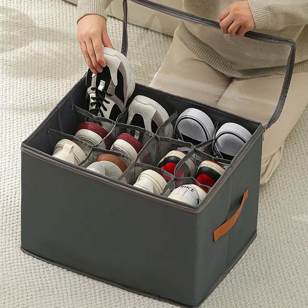 Fabric Shoe Organizer Foldable Shoe Storage Bin with Clear Lid Shoe Storage Box Adjustable Dividers for Sneakers Loafers Sandals