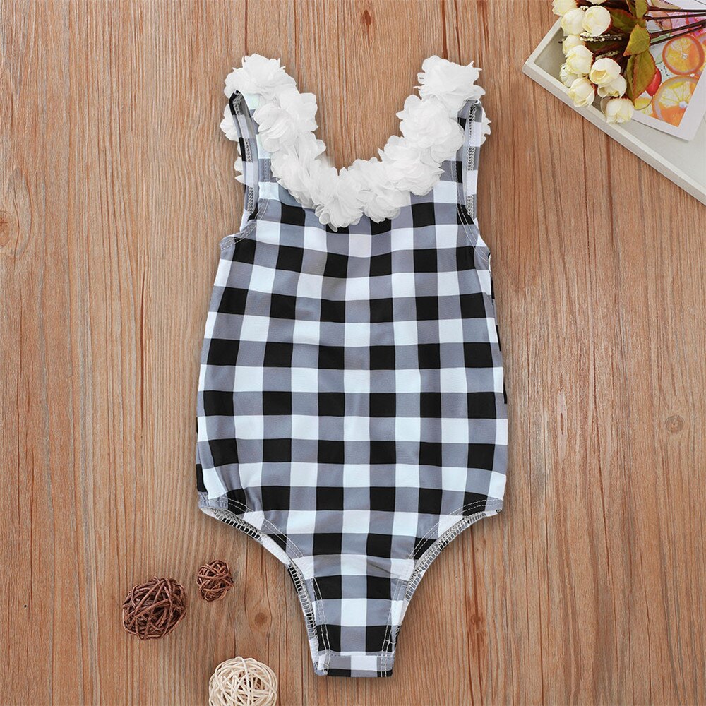 Zomer Meisjes Badmode Kid Badpak Plaid Een Stuk Badpak Meisje Ruche Plaid Romper Jumpsuit Baden Plaid Beachwear