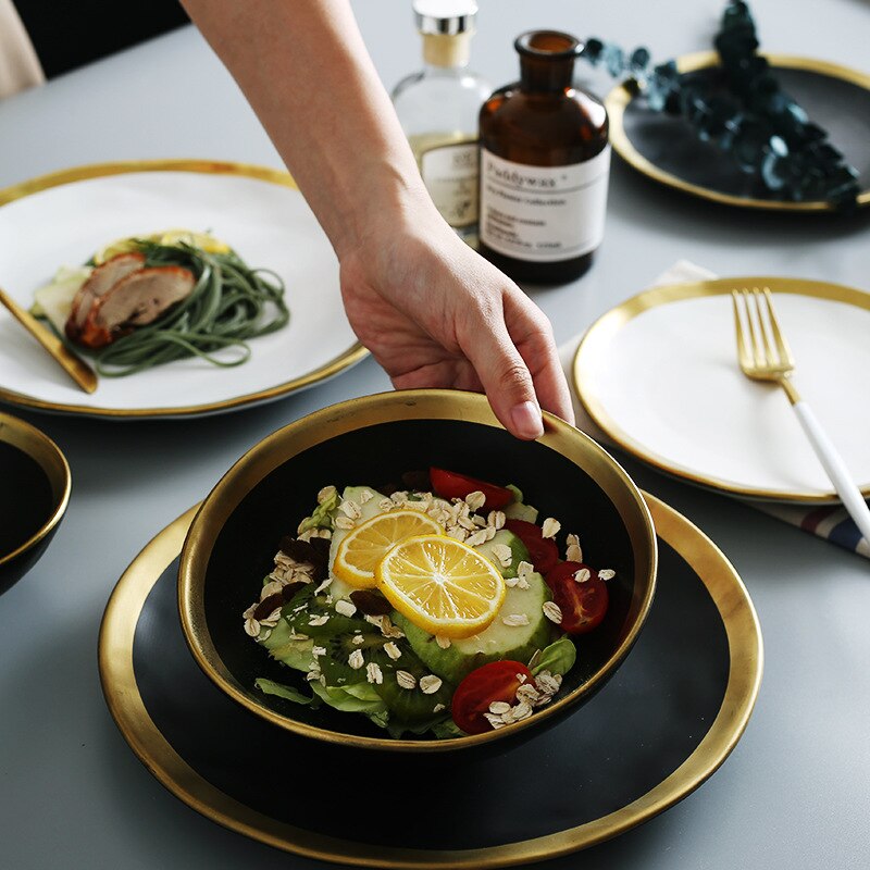 Assiette et bol en céramique à incrustation d'or, collection de vaisselle à bord doré, service de table blanc et noir doré