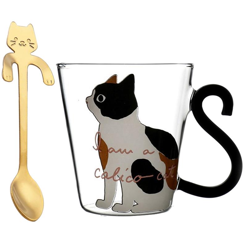 Søde katte varmebestandige kaffekrus drikkeisolering glas te kop drinkware mælk med ske: 2