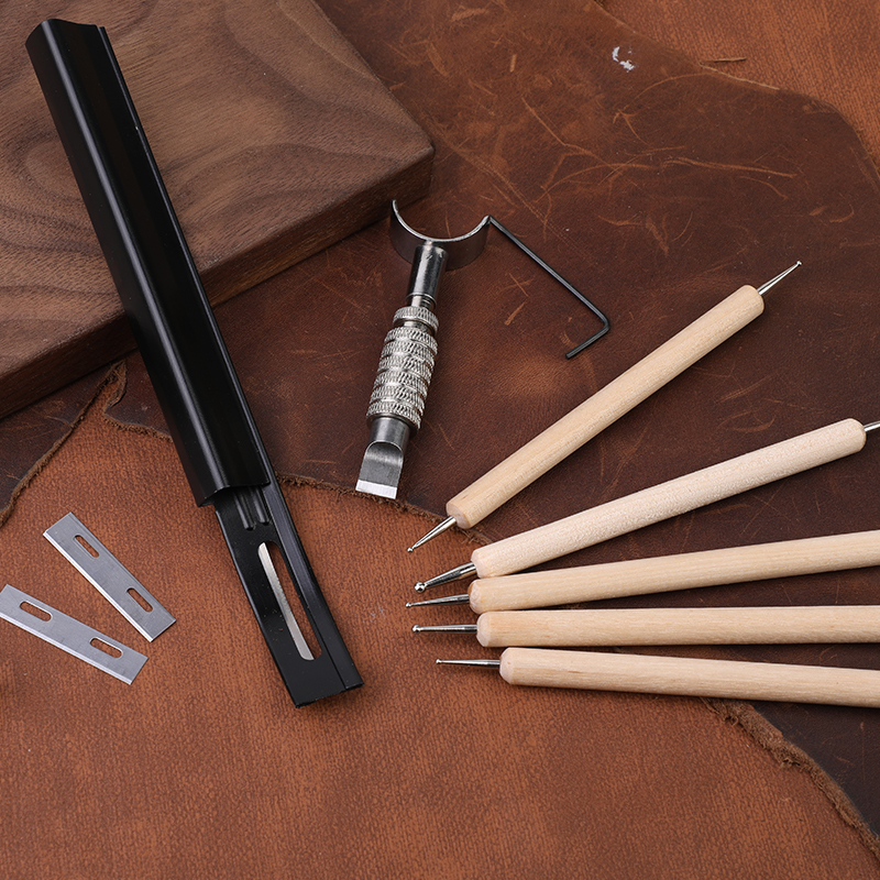 Juego de 7 Uds de herramientas para tallar cuero, cuchillo giratorio DIY, patilla biseladora + 3 cuchillas y bolígrafo de punta de modelado artesanal de cuero