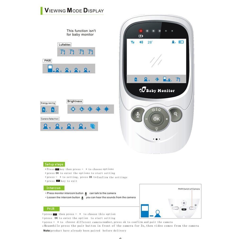 Wireless Digital Baby Monitor 2.4 inch LCD Screen Two Way Audio Video Baby Monitor Night Cute Infant Camera