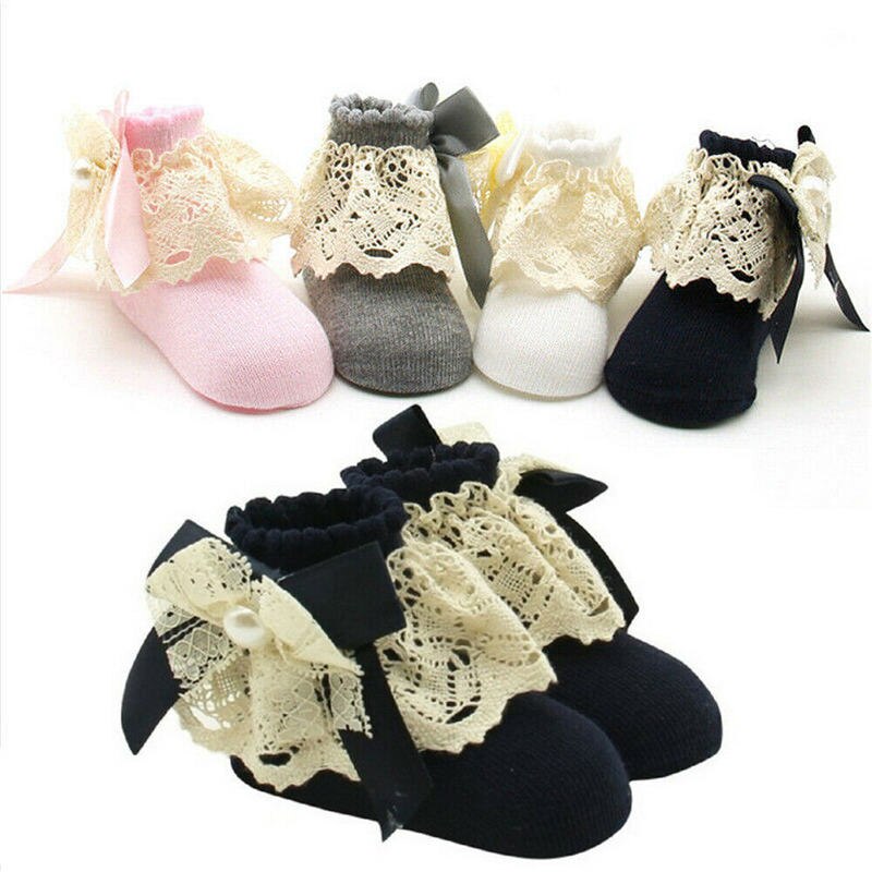 WunderschöNe prinzessinnensocken für babys und kleinkinder, atmungsaktive baumwollsocken mit spitze, kuschelig weich, mit schleife.