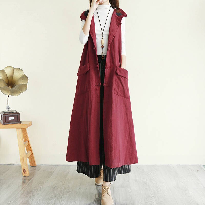 Vintage ethnique à capuche longue gilet femmes en vrac grande poche travail manuel Art grande taille sans manches veste dames Colete: Bourgogne / XL