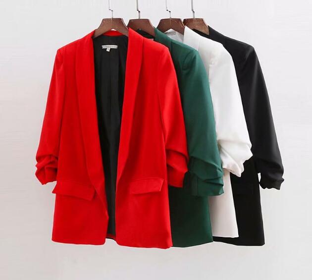 Smart slik ensfarvet ruched manchet mellemlang blazer med foring kvinde sjalkrave slim fit jakkesæt afslappet jakke frakke overtøj
