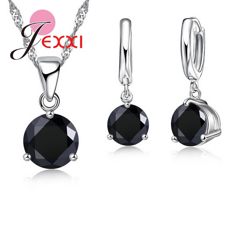 Crystal Necklaces Set 8 Colors 925 Sterling Silver Pendants Stud Earring Sets Women Cubic Zircon Jewelry