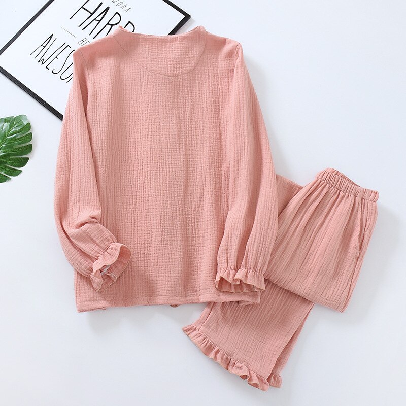 Spring Pajamas Women Long Sleeve Cotton Sleepwear Princess Style Sweet Pure Color Thin Loungewear 2 Piece Nightwear Home Suit