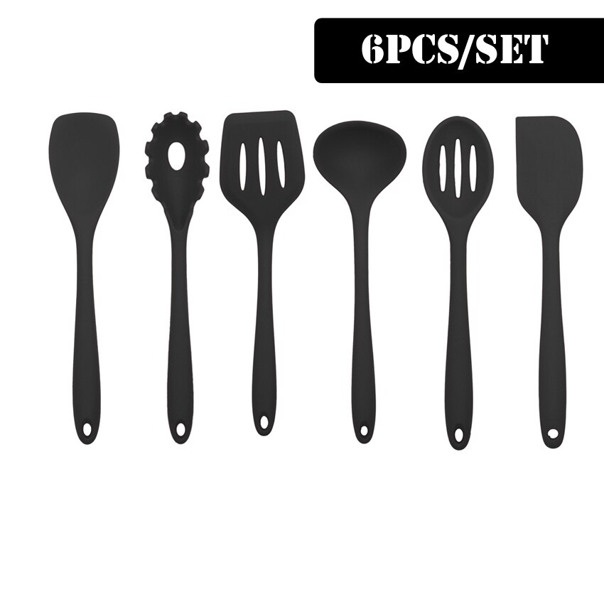 Svart matlagningsredskap set i silikon med non-stick bakredskap köksutrustning slitsad vändare spatel sked mattång kökssats: 6 st set
