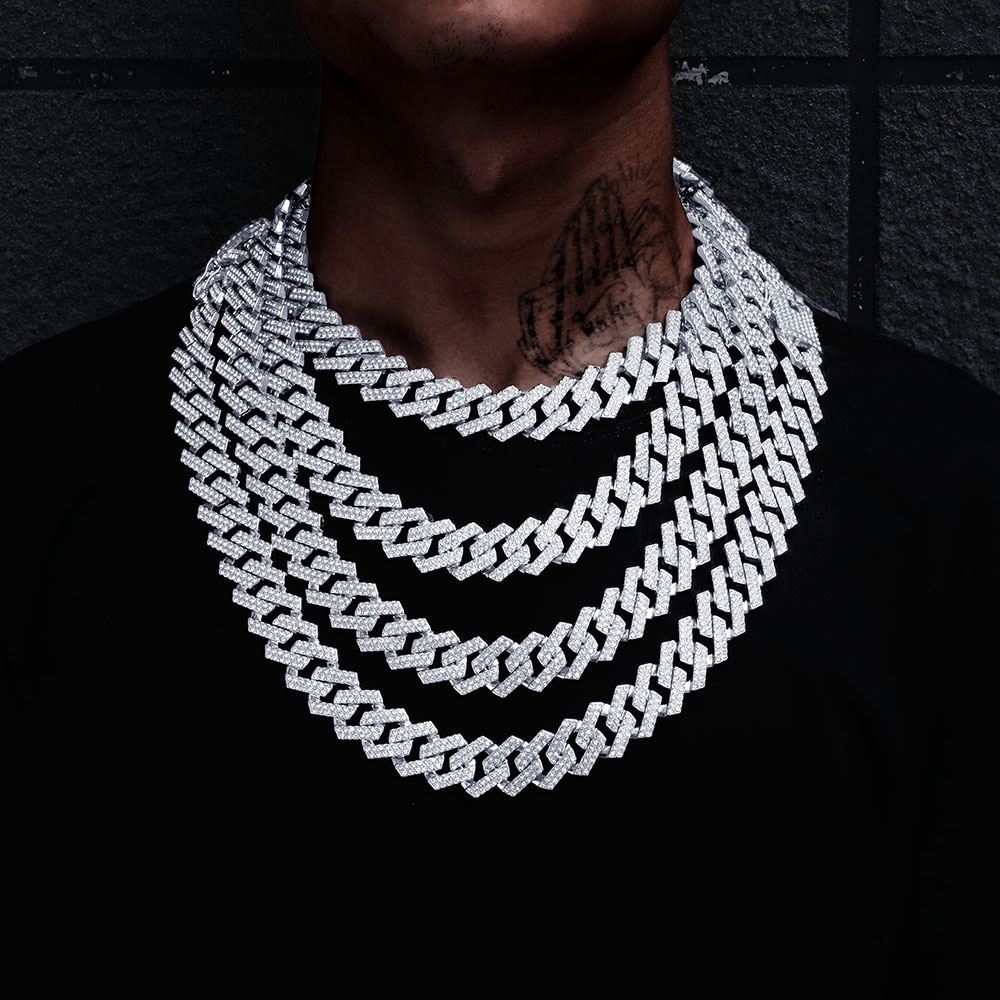 Collier Long glacé pour hommes, Hip Hop, strass or et argent de 19mm, chaîne cubaine, Rap à paillettes, exquis