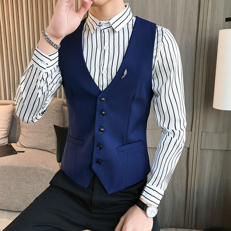 Barber's vest man business casual waistcoat men classic solid slim fit groom wedding dress party korean vests