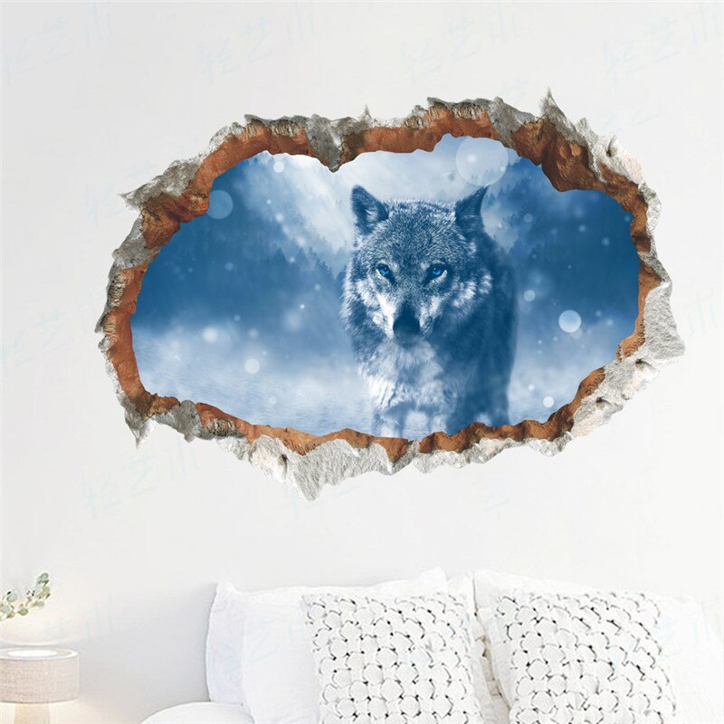 3D cassé mur trou Stickers muraux pour bureau salon chambre décoration de la maison bricolage animaux cerf loup paysage Mural Art Stickers